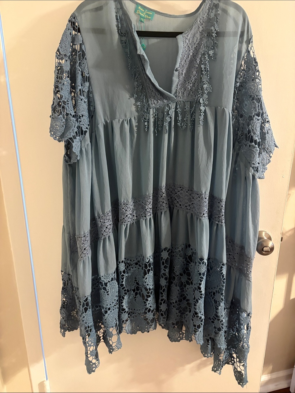 Boho Crochet-Trim Tunic in Dusty Blue